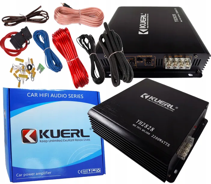 WZMACNIACZ SAMOCHODOWY 2200 W DO GŁOŚNIKÓW TUB SUBWOOFERÓW + ZESTAW KABLI