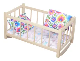 kolyska-drewniana-dla-lalek-naturalna-z-materacem-i-posciela-w-lowicki-wzor