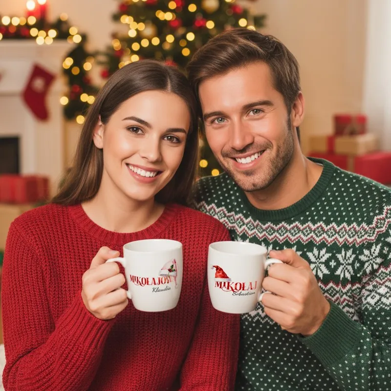 ZESTAW kubków z NADRUKIEM na MIKOŁAJKI dla PARY, ŚWIĄTECZNE kubki, PREZENT