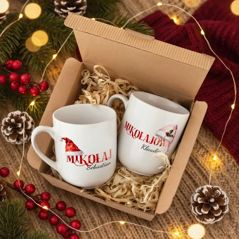 ZESTAW kubków z NADRUKIEM na MIKOŁAJKI dla PARY, ŚWIĄTECZNE kubki, PREZENT