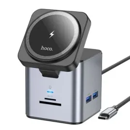 adapter-hub-9w1-typ-c-z-ladowarka-bezprzewodowa-magsafe-hoco-hb49-szary