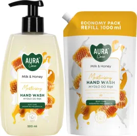 zestaw-mydlo-w-plynie-z-dozownikiem-bispol-aura-care-500ml-mleko-i-miod-z