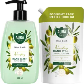 zestaw-mydlo-w-plynie-z-dozownikiem-bispol-aura-care-500ml-oliwka-i-mleko