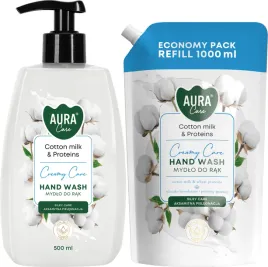 zestaw-mydlo-w-plynie-z-dozownikiem-bispol-aura-care-500ml-mleczko-bawelnia