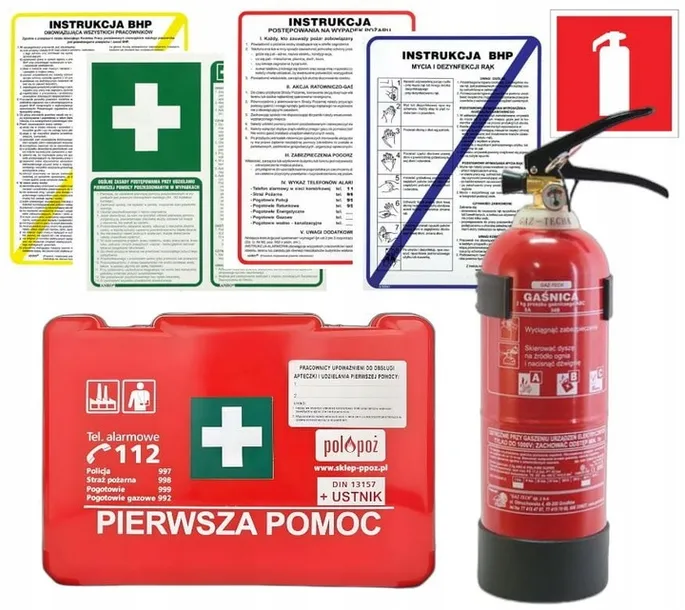 Kompletny Zestaw BHP Dla Firm Apteczka Ga nica 2kg Wymagane Znaki Kompletny Zestaw BHP Dla Firm Apteczka Ga nica 2kg Wymagane Znaki
