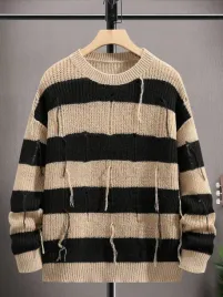shein-czarno-brazowy-dzianinowy-sweter-w-paski-dziury-xl-56824