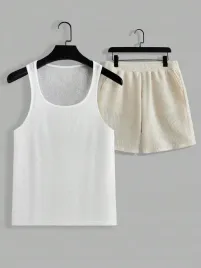 shein-meski-komplet-bezowe-krotkie-spodenki-waffle-bialy-tank-top-m-66862
