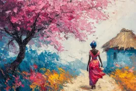 obraz-na-plotnie-canvas-pejzaz-afryka-drzewo-kwiaty-kobieta-spacer-120x80