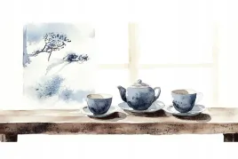 obraz-na-plotnie-canvas-japandi-orient-herbata-filizanki-imbryk-okno-120x80