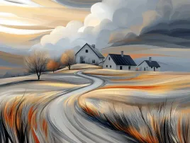 obraz-na-plotnie-canvas-pejzaz-wies-wioska-pole-domy-niebo-chmury-100x75