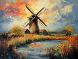 obraz-na-plotnie-canvas-pejzaz-holandia-wiatrak-slonce-zachod-staw-80x60