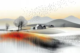 obraz-na-plotnie-canvas-pejzaz-gory-pagorki-wies-pola-kwiaty-ptaki-60x40
