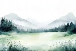 obraz-na-plotnie-canvas-akwarela-pejzaz-gory-laka-kwiaty-wiosna-mgla-60x40