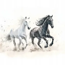 obraz-na-plotnie-canvas-akwarela-kon-konie-bialy-czarny-galop-cwal-80x80