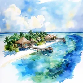 obraz-na-plotnie-canvas-egzotyczna-wyspa-ocean-chatki-palmy-malediwy-80x80