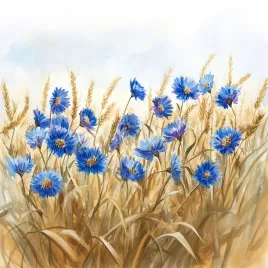 obraz-na-plotnie-canvas-akwarela-wies-pole-zboze-kwiaty-chabry-40x40