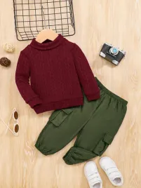 shein-bordowo-zieony-komplet-spodnie-sweter-z-golfem-kieszonki-12-18m-41875