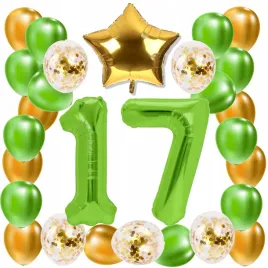 zestaw-balony-17-urodziny-zielony-zloty-limonkowy-17-rocznica-slubu-100-cm