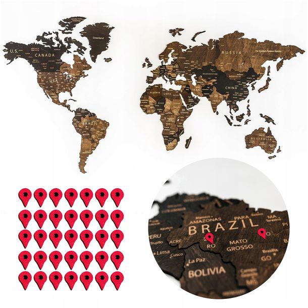 Mapa Drewniana Świata 3D XXL Na Ścianę 181 cm Zestaw 36 Pinów do Oznaczania