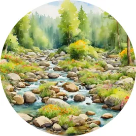 naklejka-na-sciane-akwarela-gorski-potok-wsrod-lesnych-kwiatow-100cm