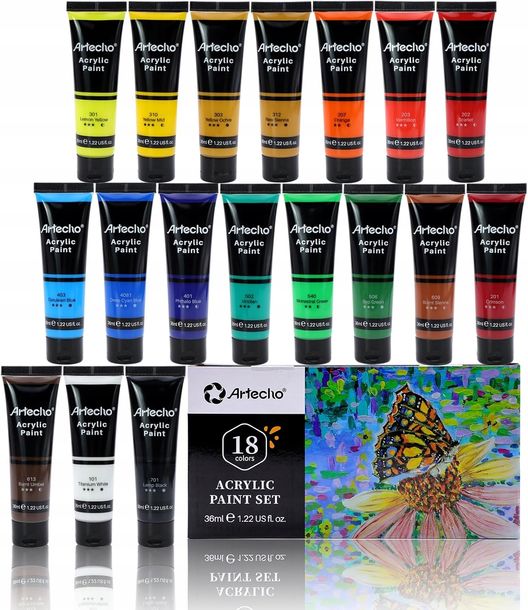 FARBY AKRYLOWE ZESTAW 18 x 36 ML WODOODPORNE SZYBKOSCHNĄCE Artecho