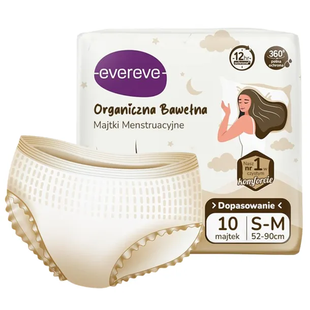 MAJTKI CHŁONNE MENSTRUACYJNE DLA KOBIET EVEREVE ORGANIC COTTON 10SZT R. S-M