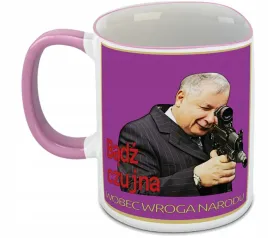 kubek-bialy-rozowy-rant-ucho-pis-kaczor-pistolet