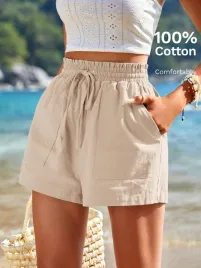 spodenki-damskie-bawelniane-letnie-z-wysokim-stanem-bezowe-casual-shein-xs
