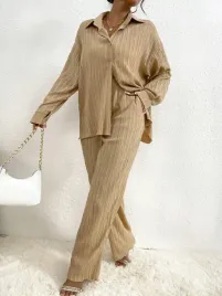 komplet-teksturowany-koszula-spodnie-casual-khaki-shein-xs