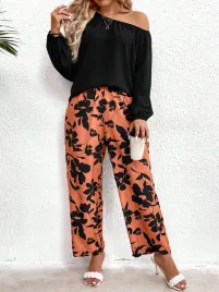 komplet-w-roslinny-wzor-bluzna-na-jedno-ramie-spodnie-casual-shein-4xl-48
