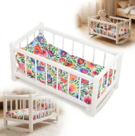 kolyska-drewniana-lozeczko-biale-dla-lalek-z-materacem-i-posciela-wzor-kwia