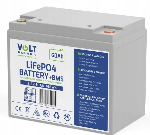 AKUMULATOR LiFePO4 12,8V 60Ah (60A) + BMS BEZOBSŁUGOWY (KAMPER ŁÓDŹ UPS)