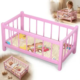 drewniane-lozeczko-dla-lalek-z-materacem-rozowe-zabawka-dla-dzieci