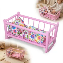 kolyska-retro-drewniana-lozeczko-rozowe-dla-lalek-posciel-w-lowicki-wzor