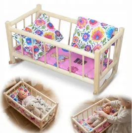 kolyska-retro-drewniana-lozeczko-dla-lalek-posciel-lowicki-wzor