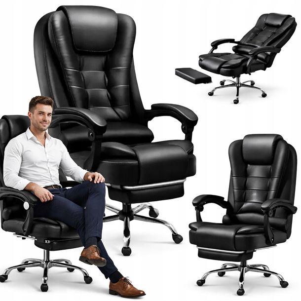 FOTEL BIUROWY CZARNY KRZESŁO BIUROWE FOTEL OBROTOWY ERGONOMICZNY SKÓRZANY