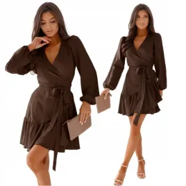 elegancka-przekladana-sukienka-mini-falbana-czekolada
