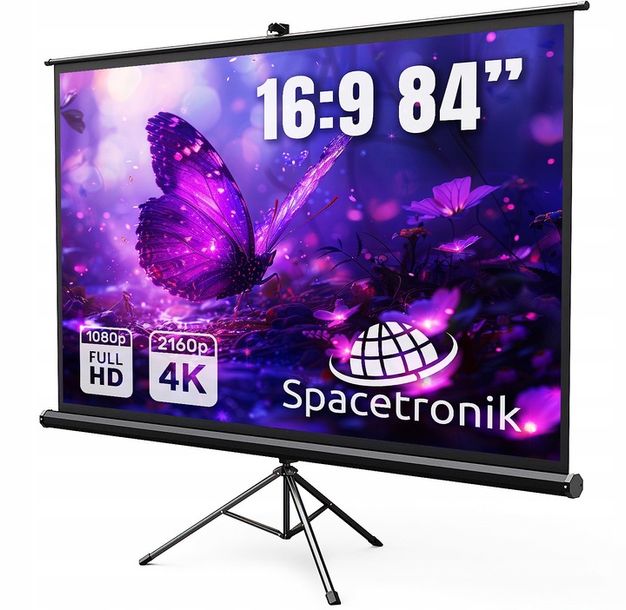Ekran projekcyjny przenosny 84 cali 16:9 zwijany FULL HD 4K+GRATIS