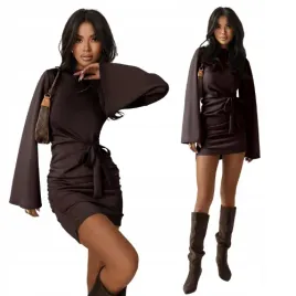 elegancka-sukienka-mini-wiazanie-szerokie-rekawy-wiskoza-czekolada