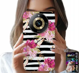 etui-do-realme-11-pro-kwiatki-w-czarno-biale-paski-wzory