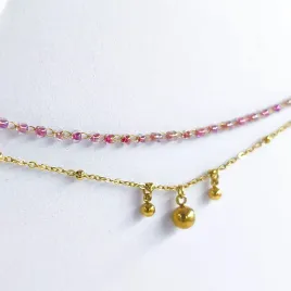 bransoletka-na-noge-podwojna-rozowe-koraliki-zlota-stal-316l-kuleczki