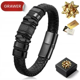 czarna-skorzana-bransoletka-meska-tytanowa-z-grawerem-regulowana-na