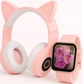 rozowy-smartwatch-sluchawki-kocie-uszka-led-zestaw-dla-dziewczynki