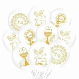 balony-na-komunie-bialo-zlote-ihs-golabek-27-cm-12-cali-zestaw-10-szt