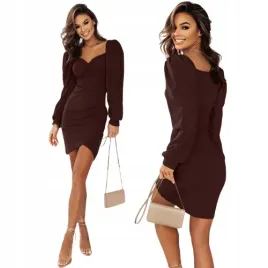elegancka-dopasowana-sukienka-mini-bufiaste-rekawy-czekoladowa