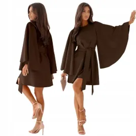 elegancka-trapezowa-sukienka-dlugi-szeroki-rekaw-wiazanie-czekolada