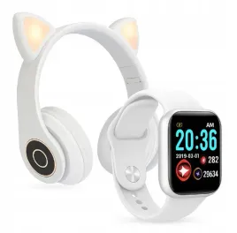 bialy-smartwatch-sluchawki-kocie-uszy-bezprzewodowe-led
