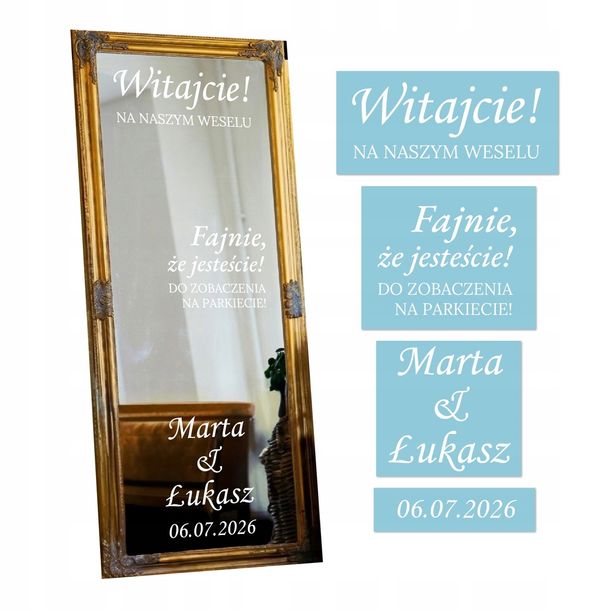 NAKLEJKA Ślubna na lustro ZESTAW wesele, ślub GOTOWE WZORY