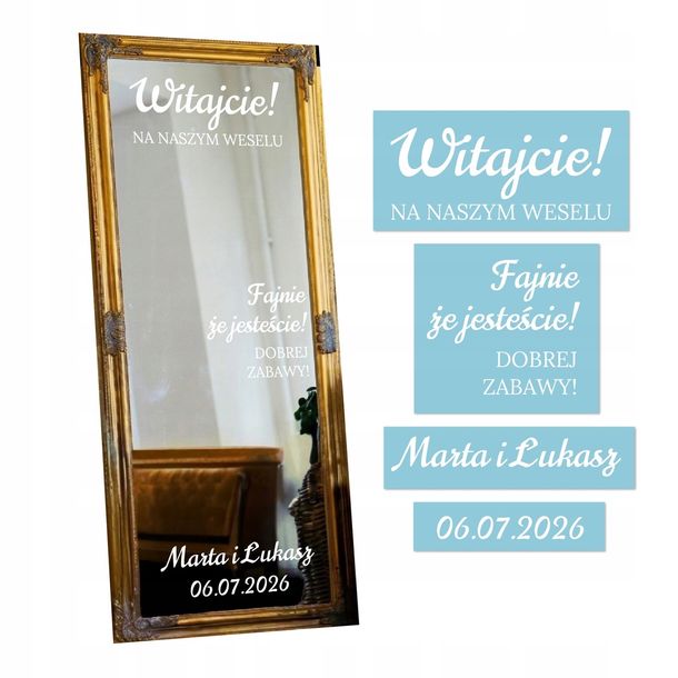NAKLEJKA Ślubna na lustro ZESTAW wesele, ślub GOTOWE WZORY