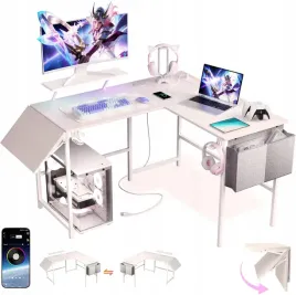 Zdjęcie produktu Biurko gamingowe narożne L-kształtne LED RGB 120-150cm biały organizer USB